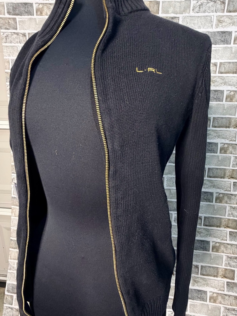 Polo by Ralph Lauren Black Knit Zip Cardigan with Gold Trim